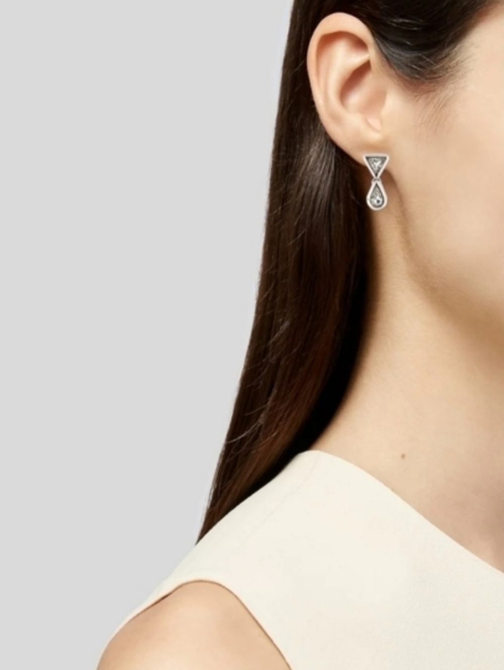 Dior Silver Tone Clear Crystal Triangle & Teardrop Dangle/Drop Fashion Earrings
